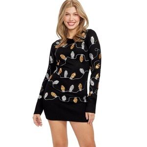 TIPSY ELVES- Black Sweater Dress with Gold and Silver Accents XS